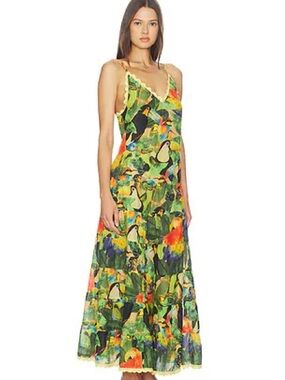 FARM RIO ($260) Bird Leaves Long Dress in Sand